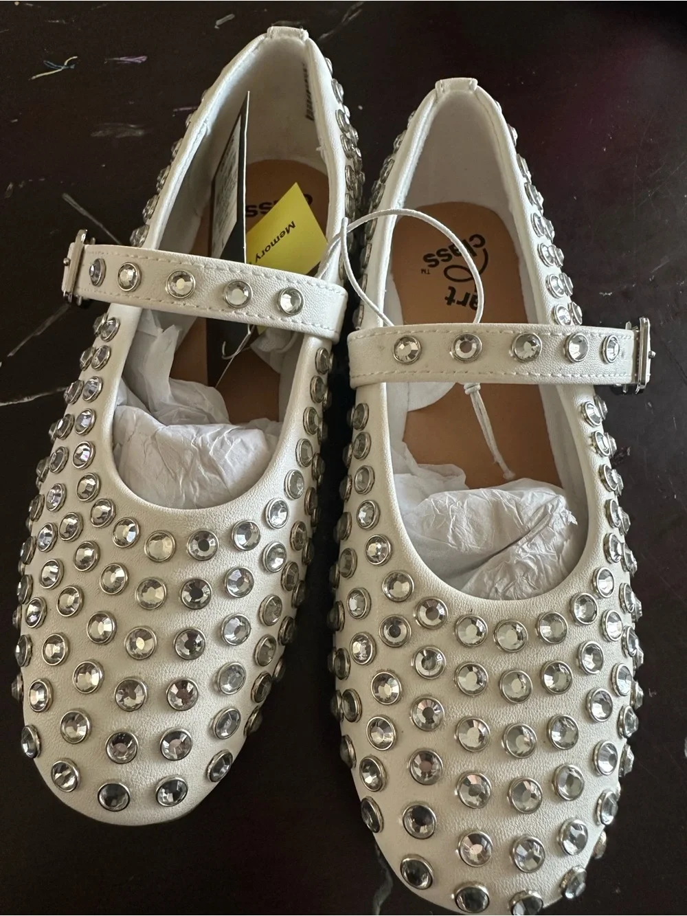 Girls' White Studded Mary Jane Shoes with Rhinestone Accents